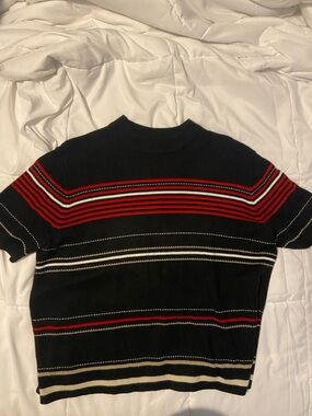 Requirements Black Crewneck Short-Sleeve Sweater with Red & Cream Stripes
